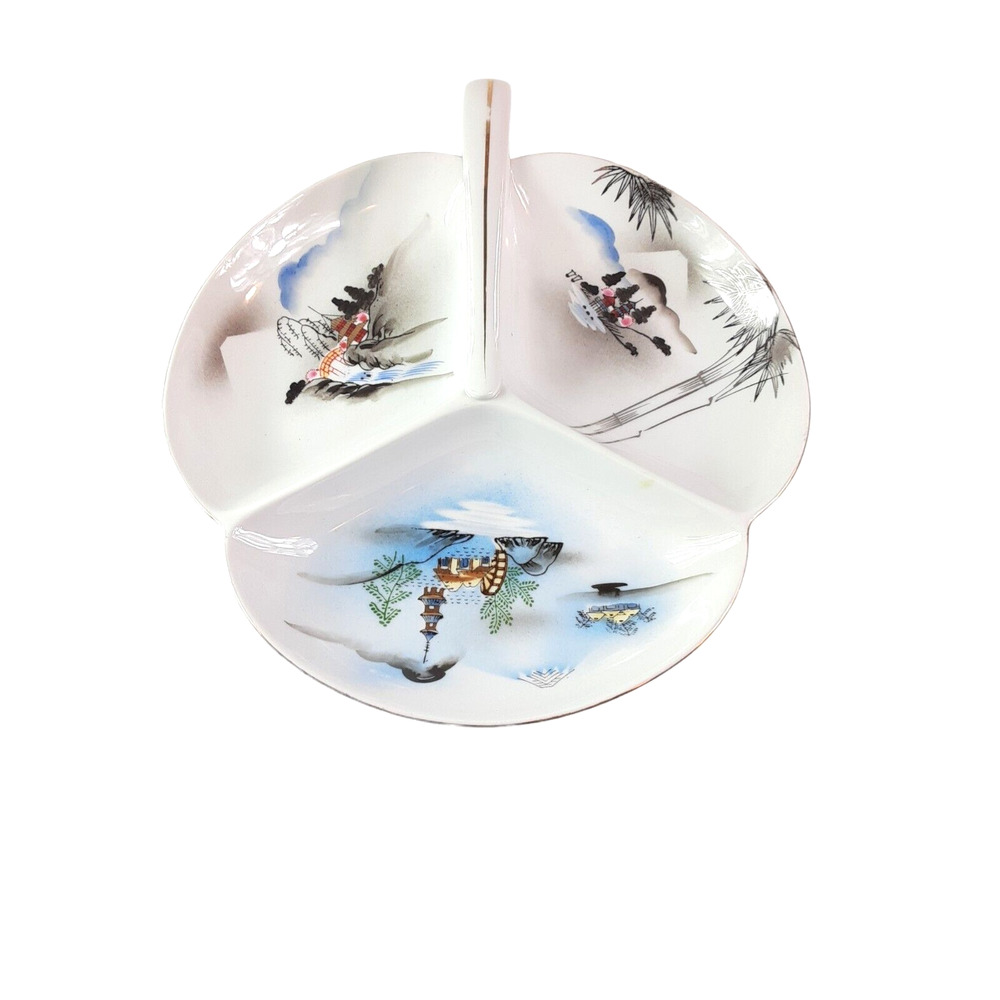 Kutani China Handled Serving Dish 3 Divided White Dish Scenic Mountains 19.5"Vtg